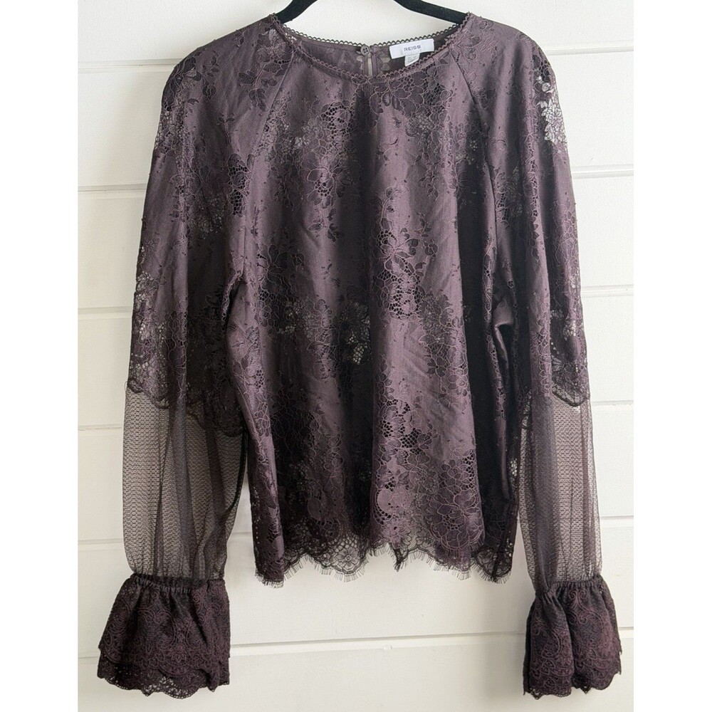 REISS Emilia Lace Flared Cuff Blouse Chocolate Brown Sheer Mesh Top Size 10